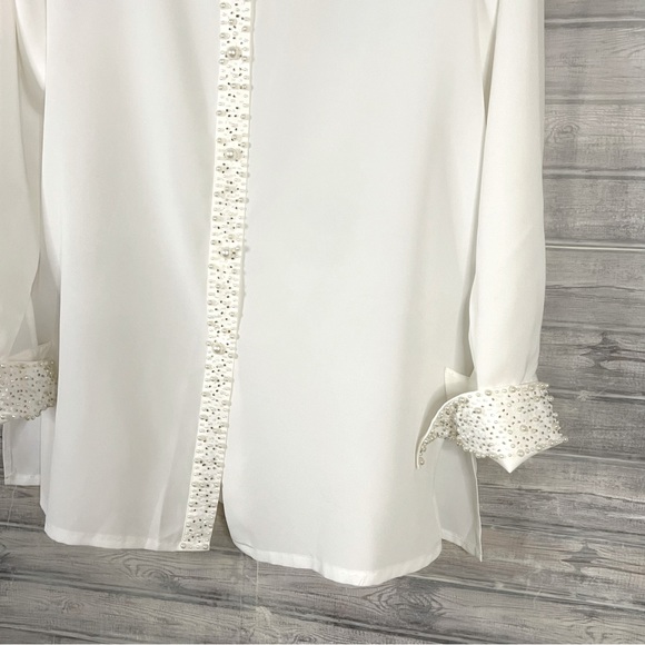 Vintage White Pearl Embellished Collar Sheer Long Sleeve Button Up Size Medium - Picture 4 of 16